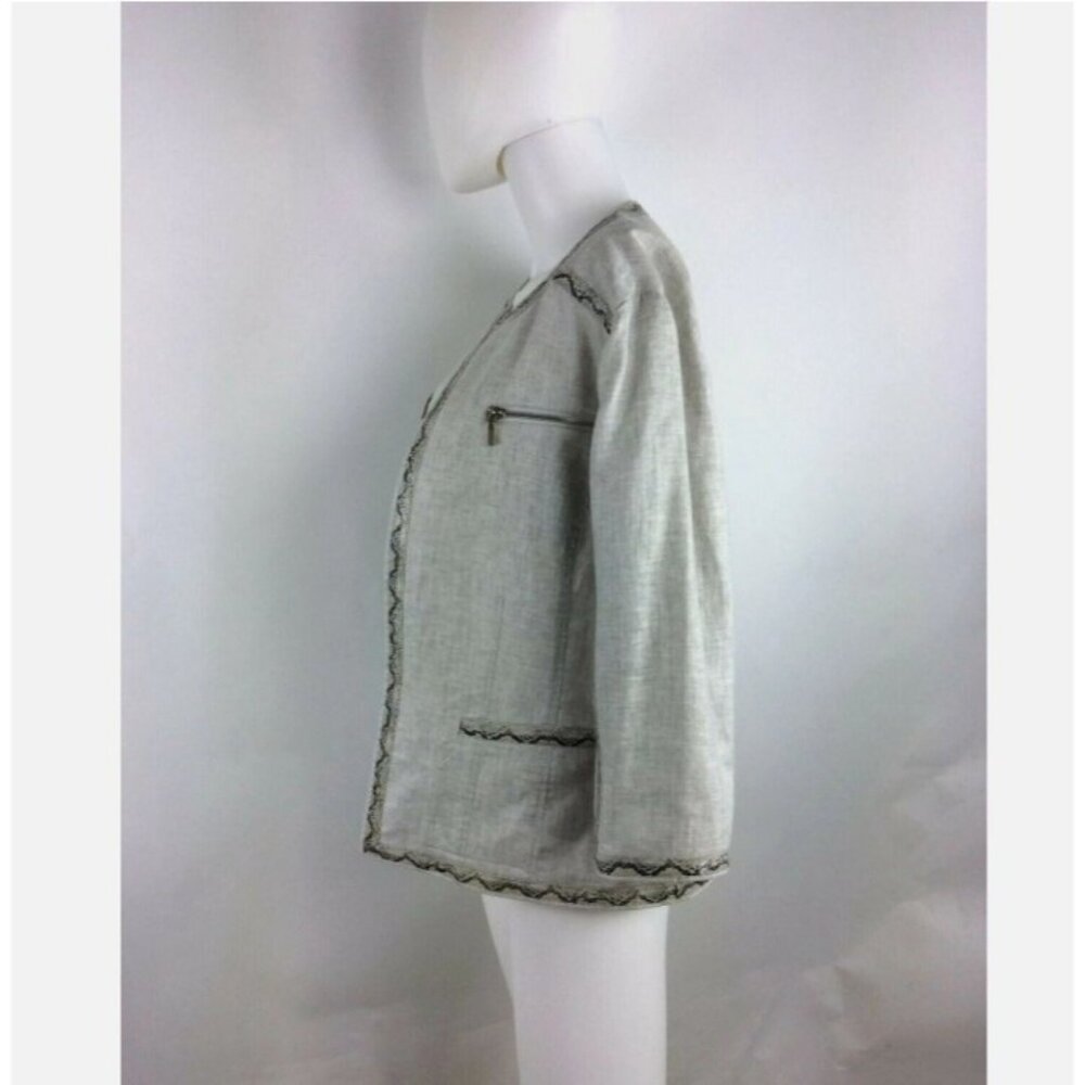 Chicos Linen Blend Jacket Womens Size 2 Neutral Snakeskin Trim Open Front - Picture 8 of 9